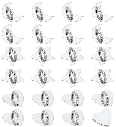 PLIGREAT 24 Pcs Metal Phone Charm Hook, Universal Adhesive Cellphone Finger Grip Loop Stand Star Heart Grip Ring Holder for Phone Case Pad DIY Hanging Accessories, Silver