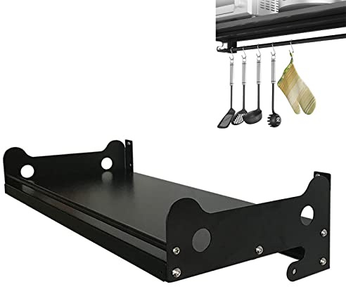 Supporto per mensola a Parete in Acciaio Inox per microonde, portaspezie da Cucina con 5 Ganci, Robusto ripiano angolare Nero per riporre Il Forno a microonde per la casa