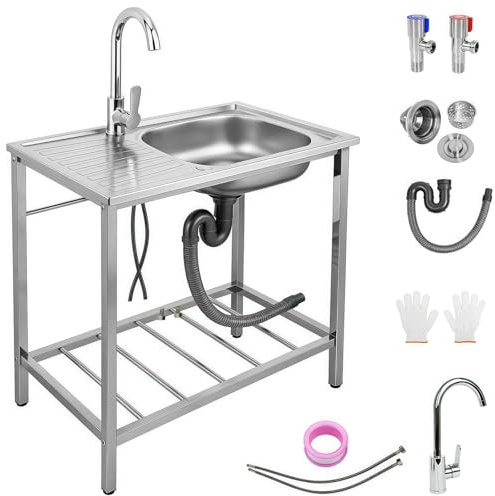 Outdoor Utility Sink, Freestanding Stainless Steel Sink with Hot and Cold Faucet, Portable Single Bowl Hand Wash Basin, for Kitchen, Restaurant, Camping, Cafe, Silver