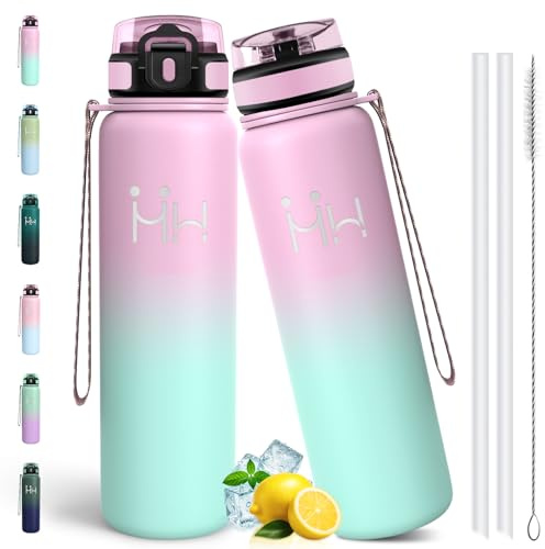 Motswedi Borraccia Termica 1 litro, Acciaio Inox Bottiglia Termica, Borraccia con Cannuccia, Isolamento Sottovuoto a Doppia Parete, per Campeggio, Yoga, Palestra, Rosa chiaro & Verde chiaro