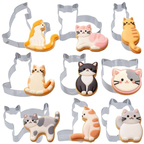 Juego de 9 cortadores de galletas con forma de gato, de acero inoxidable, para hacer galletas, galletas, pasteles y decoración