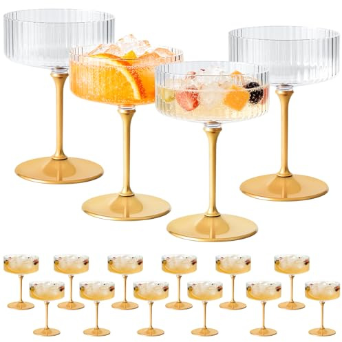 ZOMUIA Ribbed Coupe Glasses 16 Pcs, 10 oz Plastic Champagne Coupe Detachable Acrylic Cocktail Glasses Plastic Martini Glasses for Bar, Wine, Dessert, Cocktail Glassware(Gold)
