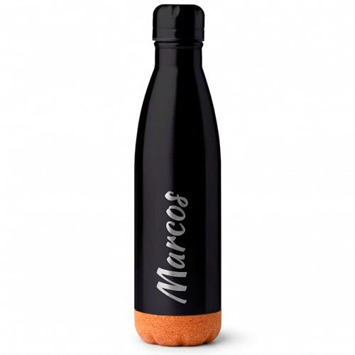 Botella Térmica Personalizada Nombre con Láser, Doble Pared Acero Inoxidable Sin BPA, Negro con Base de Corcho, 520ml (Modelo 2)