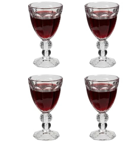 Set of 4 Red Wine Glasses Embossed Clear Baroque Goblets- 250ml (DA01)