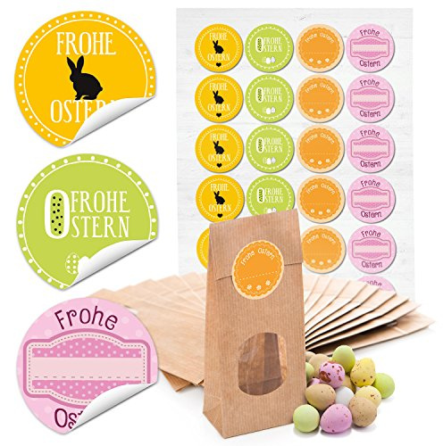 Logbuch-Verlag 24 kleine Lebensmittel Beutel mit Fenster und Frohe Ostern Sticker Geschenktüten 7 x 4 x 20,5 cm + Ostersticker Verpackung Kunden Geschenke