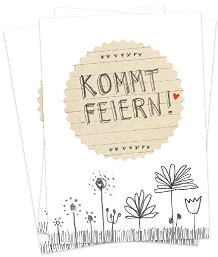 Eine der Guten 10 Einladungskarten - Kommt feiern! - Weiß Grau Beige mit Blumenwiese, Einladungen für Hochzeit, Geburtstag, Jubiläum, Party, DIY Bleistift Vintage Design mit Blumen