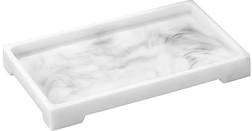 Luxspire Vassoio da Bagno, Vassoio Rettangolare in Resina, Organizer per Camera, Portaoggetti Resistente, Taglia M Vassoio per Shampoo Gioielli Asciugamano Sapone Pianta - Marmo Bianco