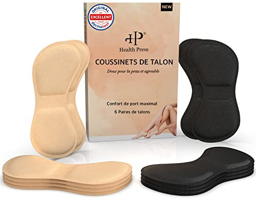 Health Press® Coussinets de talon – Lot de 12 – Talonnettes adhésives pour chaussures trop grandes – Escarpins, baskets, talons hauts – Semelles confortables contre les ampoules et les frottements