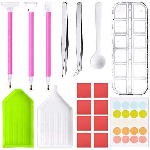 Diamond Painting Zubehör Set, Diamant Painting Zubehör, Mit Stift, Pinzette, Taschen, Klebeton, Kunststoffschale Mit 12 Gitter Mini Diamant Box, Point Drill Stift, Pinzette, Kleber Ton, Roller Tablett