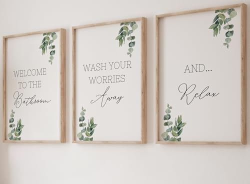 Eviepops Prints Bathroom Wall Art Set of 3 Unframed Prints, Green Eucalyptus Plant with Quotes, Leaves Home Decor, Wash Away Your Worries, And Relax (A4)