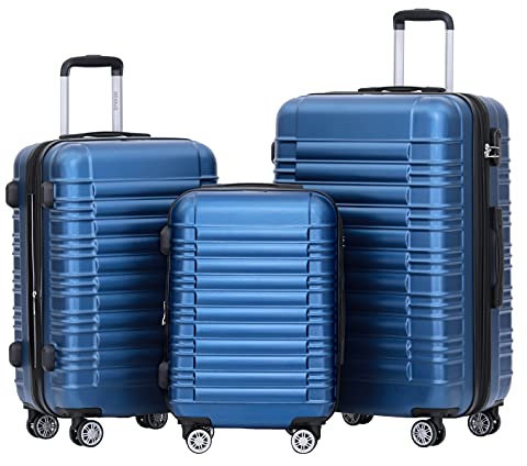 BEIBYE Hartschalen Koffer Trolley Rollkoffer Reisekoffer Zwillingsrollen Kofferset (Blau, Set)