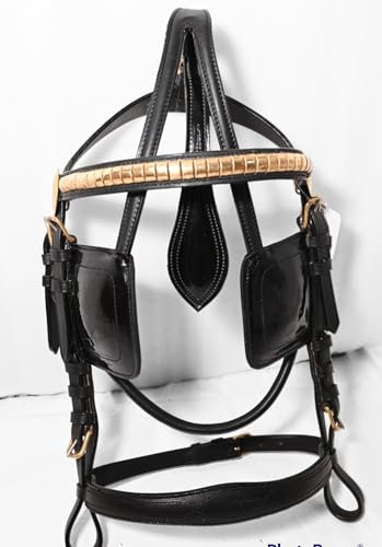 NEW DRAFT HORSE LEATHER DRIVING HARNESS BRIDLE PATENT LEATHER GOLDEN FITTING (BLACK COLOUR) (X-FULL)