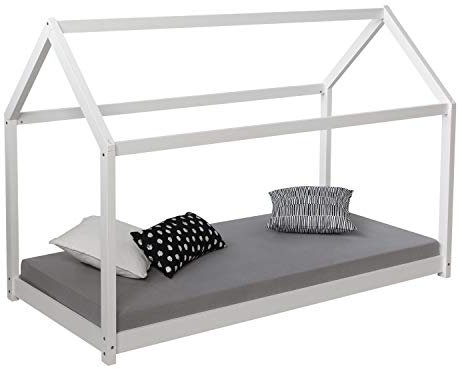 Homestyle4u 2071, Kinderbett Hausbett Mit Lattenrost Matratze Kinderhaus 90x200 Weiss Holz Kiefer
