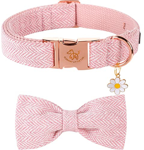 Elegant little tail Hundehalsband mit Schleife – Fischgrätenmuster Rosa Hundehalsband Mädchen Schleife Baumwolle Strapazierfähiges Schleifenhalsband Haustier-Hundehalsband für kleine Hunde