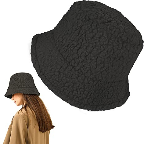 Lusofie Winter Fluffy Bucket Hat Fluffy Warm Fuzzy Furry Bucket Hats Winter Warmer Fisherman Cap Lamb Wool Fishing Caps for Women (Black)