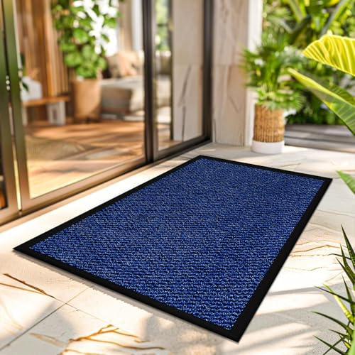 Large Door Mat Entrance Dirt Grabber Floor Mat - Blue, 60 x 90 cm - Waterproof Non Slip Strong Rubber Backing PVC Door Mat for Indoor Kitchen, Entrance Hall Hallway