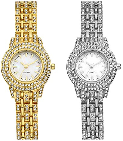 JewelryWe Armbanduhr Damen Luxus Elegant Strass Glitzer Analog Quarz Uhr Damenuhr mit Muschel Zifferblatt und Metall-Armband Gold/Silber