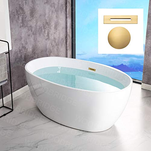 WOODBRIDGE 55 Acrylic Freestanding Bathtub Contemporary Soaking White Tub with Brushed Gold Overflow and Drain,B1418-BG