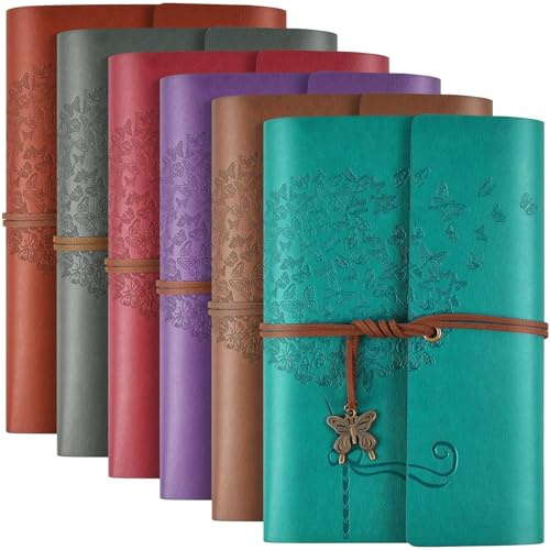 Confezione da 6 quaderni in pelle PU, diari di viaggio, ricaricabili, vintage, per scrivere, regali di Natale per donne, uomini, ragazze, carta a righe da 100 g/m², 160 pagine e 2 tasche (A6, 12,7 x