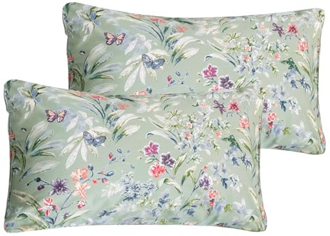 QSH 100% Egyptian Cotton Floral King Pillow Cases Set of 2, Green Flowers Botanical Print Pattern Luxury Cotton Bedding King Size Pillow Shams, Envelope Closure Pillows Covers (King, 20x36)