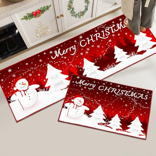 Hoimlm Weihnachts Küchenteppiche, 2 Stück Rutschfestes Küchenmatten (Weihnachten Rot C, 40 x 120 cm+40 x 60 cm)