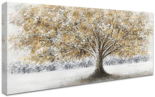 Autumn Tree Wooden Framed Canvas Wall Art Gray Brown Abstract Painting on Canvas Prints Poster Wall Painting Pictures for Living Room Bedroom Restaurant Home Office Wall Decoration 50x120cm