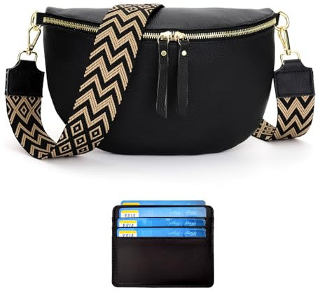 RQJZ Groß Bauchtasche Damen umhängetasche Damen mittelgroß Echtleder Crossbody Bag Damen stylisch gürteltasche Damen mit 5cm breiter Gurt schwarz