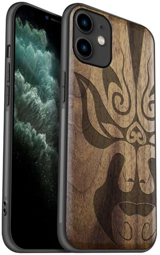Carveit Coque en Bois pour iPhone 11 Étui Protection Artistique Cover TPU Souple de téléphone Antichoc Compatible avec Apple 11 Etui (Noyer-Masque d'opéra Chinois)