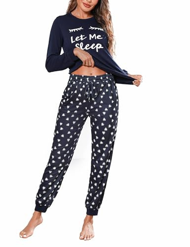Pijama Mujer Invierno Algodón Conjunto de Pijamas Manga Larga y Pantalones Largos con Bolsillos y Cordón Ajustable para Dormir