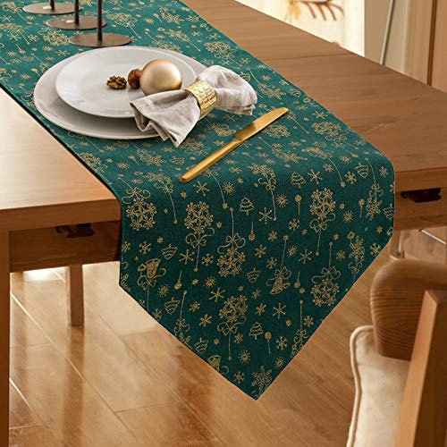 Dremisland Weihnachten Tischläufer Grün Weihnachtsbaum Schneeflocke Heißprägen Tischläufer Weihnachten Tischdeko Tischdecke Table Runner Tischwäsche Winter Xmas Küche Tisch Dekoration Drinnen Party