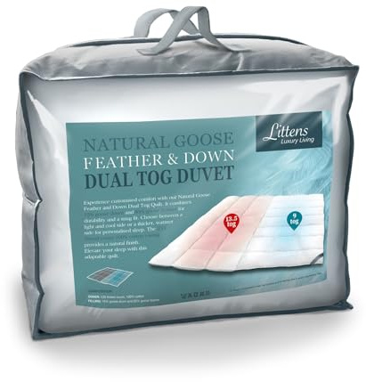 Littens Dual Zone 9 & 13.5 Tog Double Bed Size Goose Feather Down Duvet Quilt, 15% Down, 230TC 100% Down-Proof Cotton, Energy Efficient, Warm & Cool 200cm x 200cm