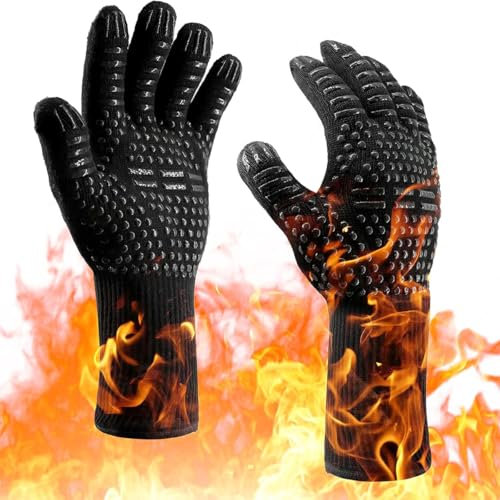 Oven Gloves With Fingers, 800 ℃/1472℉ Heat Resistant Grilling Gloves Silicone Non-Slip Oven Gloves Long Kitchen Gloves for Barbecue, Cooking, Baking, Cutting,Soldering