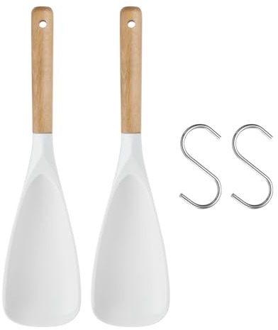 sourcing map 2pcs Silicone Cooking Spoons for Nonstick Cookwares Heat Resistant Serving Spoon with Wooden Handle for Mixing, Stirring, Scoop, White