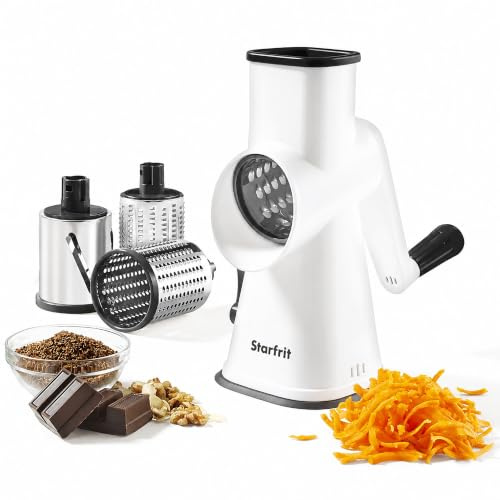 Starfrit Râpe à tambour rotatif – 4 tambours interchangeables en acier inoxydable – trancher, râper grossièrement et fin, rasage de glace – Idéal pour légumes, fromage, noix, chocolat