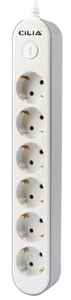 CILIA Ciabatta Elettrica a 6 Prese con Interruttore, Protezione da Sovratensione, Porta Cavetti Nascosto, 3680 W, 250 V, Cavo 1,5 m, Bianco, Salotto, Cucina, Camera da letto