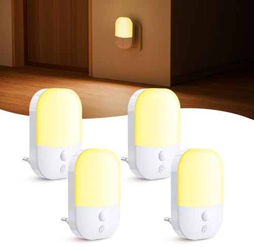 [4 Pezzi] Luce Notturna con Sensore Crepuscolare, 5 Livelli di Luminosità, ON/OFF/AUTO Modalità, 3000K Bianco Caldo, 0,3W, Luci Notturne per Corridoio, Scale, Camera da Letto, Cucine, Soggiorno