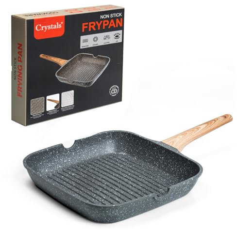 Crystals Non Stick Grilled Pan - 30cm Rectangular Induction Griddle Cooking Pan with Wooden Handle - Suitable for All Cooking Hobs