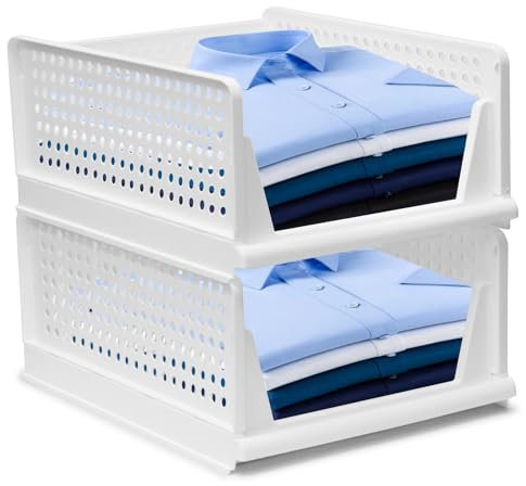 BOODPET Wardrobe Storage Organiser, 2PCS Medium Stackable Baskets – 43x33.5x18.5cm, Multi-Purpose Plastic Storage Bins for Closet, Home, Office, Bathroom, Clothes, Toys