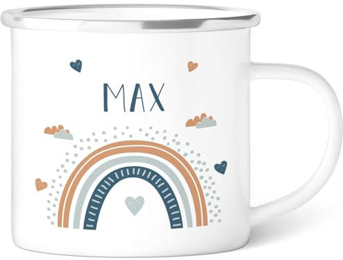 GRAVURZEILE Emaille Tasse für Kinder - Kindermotive - Personalisiert mit Namen - 8 versch. Motive - 300 ml - Trinkbecher für Kinder - Geschenk für Jungen & Mädchen - Farbe: Regenbogen Blau
