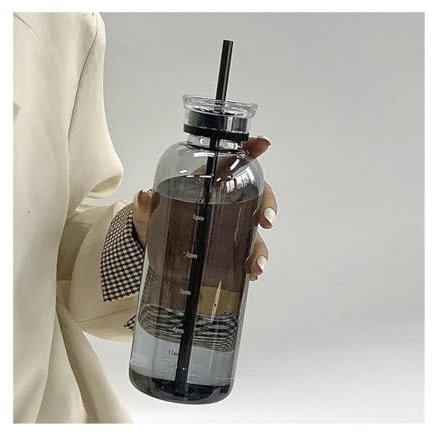 YBNSXP Botella de Agua Grande de Vidrio de 350/550/750 ml con Pajita y Dos Tapas, Transparente, Estilo Kawaii, a Prueba de Fugas, for café Helado, for Mujer y niña.(Black-750ML)