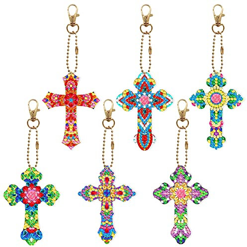 CHANGYUE 6pcs Cross Art Painting Schlüsselbund Diamant Mosaic Kit DIY Point Bohrer Key Ring Spezielle geformte Bohrer Kastanien
