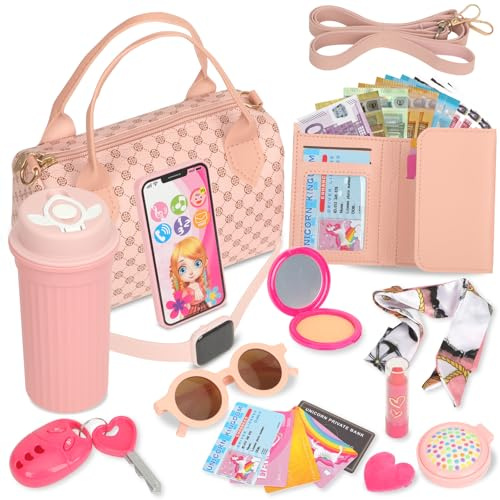 Mädchen Handtasche mit Kinderschminke - 14 Stück Falsches Make up Spielzeug für Kinder, EUR-Spielgeld, Handy, Geldbörse, Trinkbecher, Sonnenbrille, Schlüssel, Kreditkarten, Geschenk für Mädchen 3+