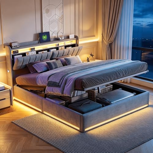 BRILVERDE Cama Canapé 160x200 cm con Somier y LED RGB, Cama Doble con Cabecero Abatible, Compartimentos, USB y USB-C, Bolsillos Laterales, Almacenaje Hidráulico, Gris, Terciopelo