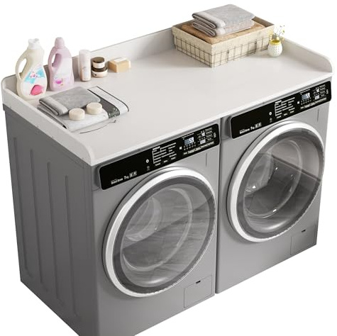 DTK Washer Dryer Countertop, Wood Topper with Edge Rails, Washer and Dryer Countertop with Anti-Slip Strips, 54 Width x 27.5 Depth Cover for Laundry Room Organization and Storage, White