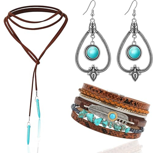 AHEJIOO Boho Schmuck Set Damen, Vintage Schmuckset, 3-teiliges Set mit Kette, Armband und Ohrringen, Boho Kleidung damen, Country Kleidung Damen Set für Party, Hochzeit und Alltag