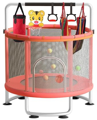 150 cm Kinder Trampolin, Indoor Outdoor Kindertrampolin, Trampolin für Kinder mit Sicherheitsnetz, Basketballkorb, Schaukel, Verstellbarer Griff, Kleinkinder Trampolin bis 200 kg