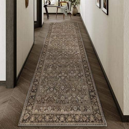 HUGEAR Teppich, maschinenwaschbar, für Flur, Innenbereich, Akzentteppich, floraler Flachflor-Teppich, weicher Überwurf, Schlafzimmer, Wohnzimmer, Büro, Esszimmer, Küche, Wäsche, rutschfest, Braun, 60