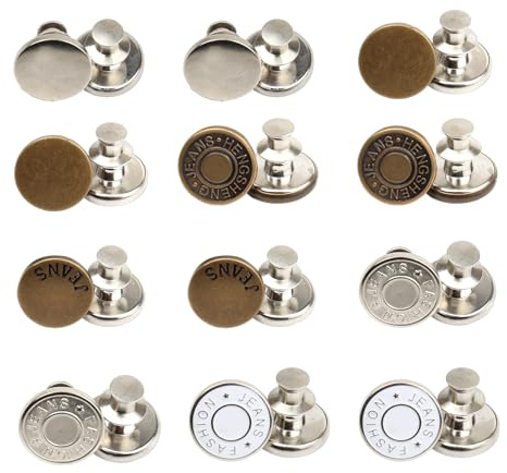 Cyberwork 12 Piezas Broches Metálicos Sin Costura para Jeans, Botones Desmontables de 17 mm, Broches Atornillables para Reparaciones de Bricolaje, Ajuste de Cintura y Pantalones