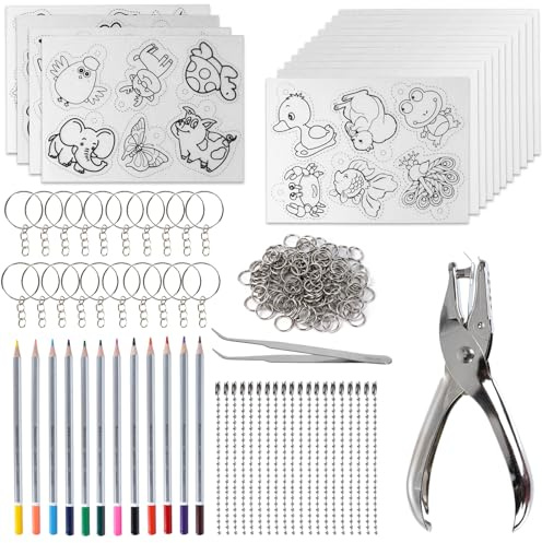 169 Stück Schrumpffolie Set DIY 10 Blätter Schrumpffolie 5 Ausmal Tiermotiven Schrumpffolie mit Buntstifte, Schlüsselbundzubehör Pinzette, Perlenschnur und Schlüsselring Locher für DIY Handwerk Dekora
