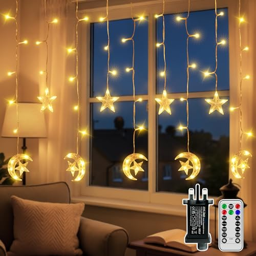 Ollny Star Moon Ramadan Eid Fairy Lights Plug in 2M 100 LEDs Lighting with Remote, Hanging Lights Mains Power Outdoor and Indoor, 8 Flashing Modes, for Bedroom, Patio, Balcony Decor (Warm White)